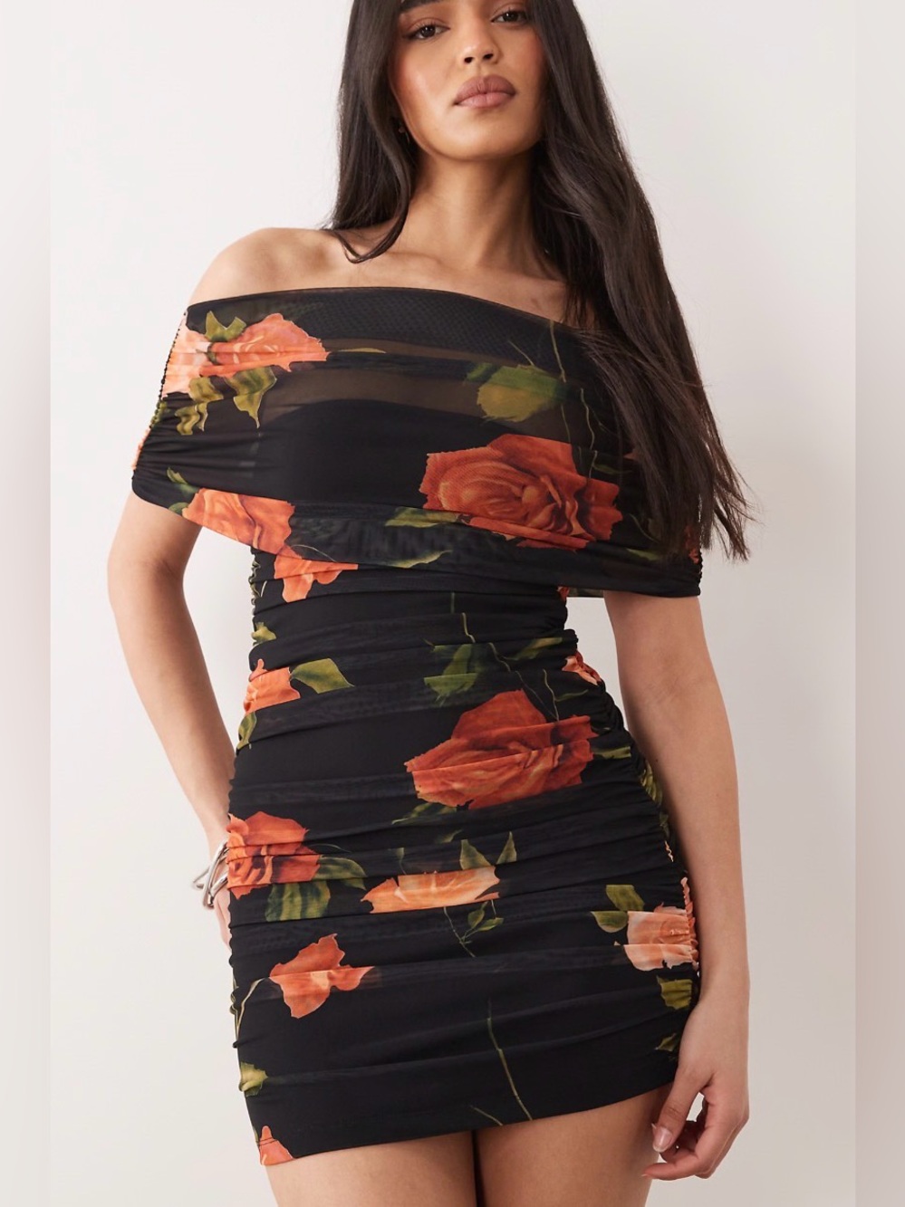 ASOS DESIGN‎ draped shoulder mesh mini dress with ruching in print